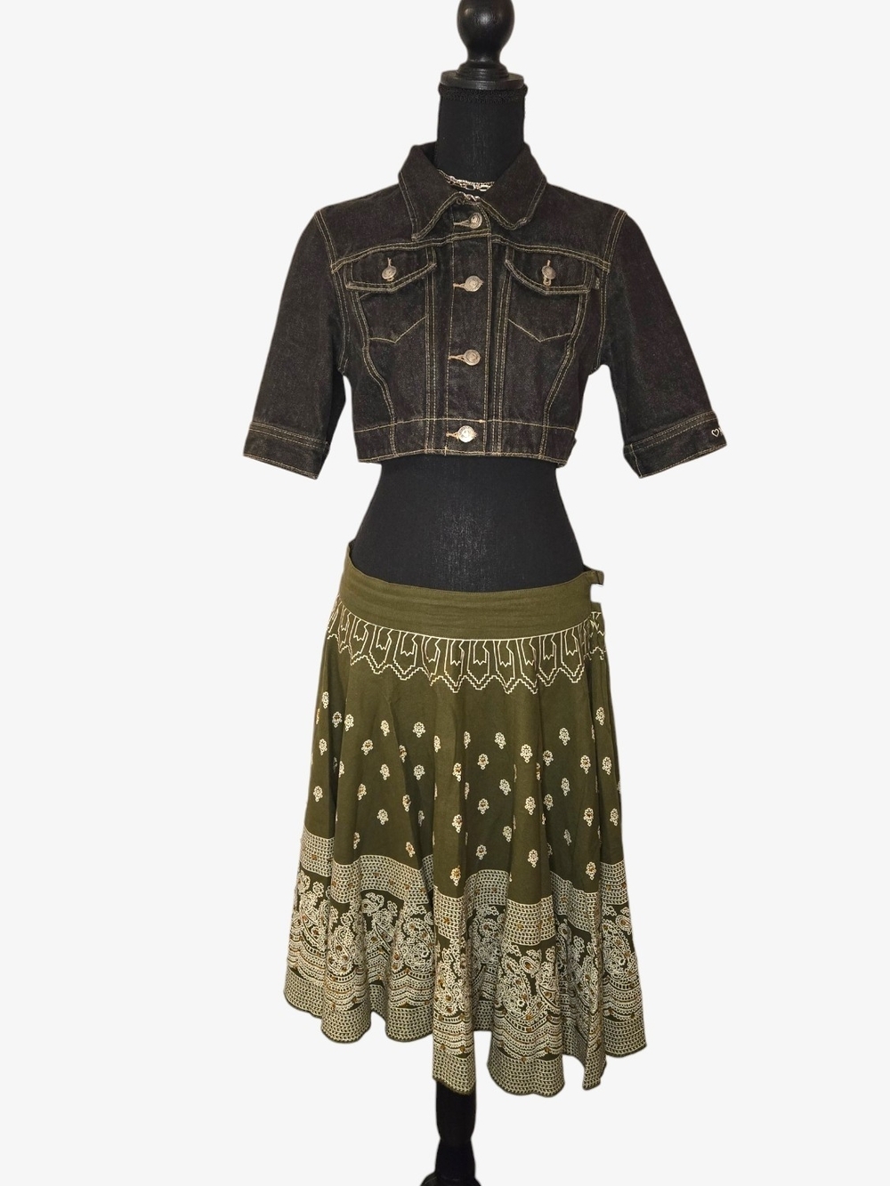 Y2k Fairy Beaded Olive Green Printed Midi Skirt!